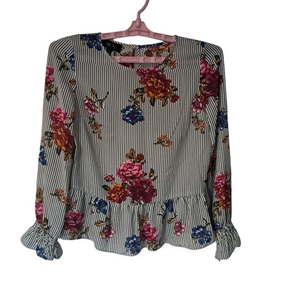 BCX Womens Long Ruffle Sleeve Crew neck Blouse Grey Floral Sz S 100% Polyester